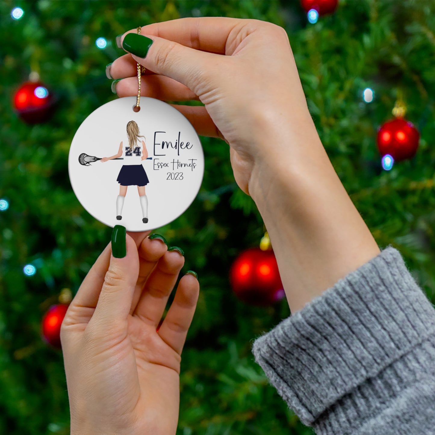 Lacrosse Customized Girl Christmas Ornament Gift for 2023 2024 Customized with hair and number and desired text!