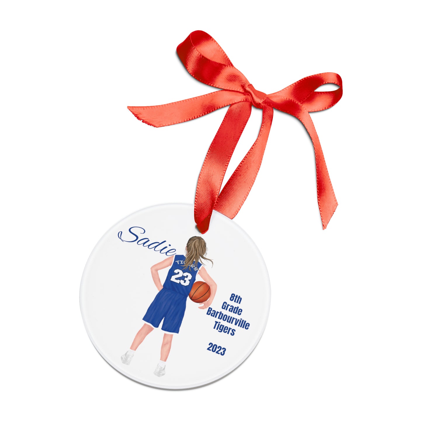 Customized Basketball Memory Acrylic Ornament with Ribbon. Girls or Boys Choose color of hair, uniform color and text. All ages of girls to college!