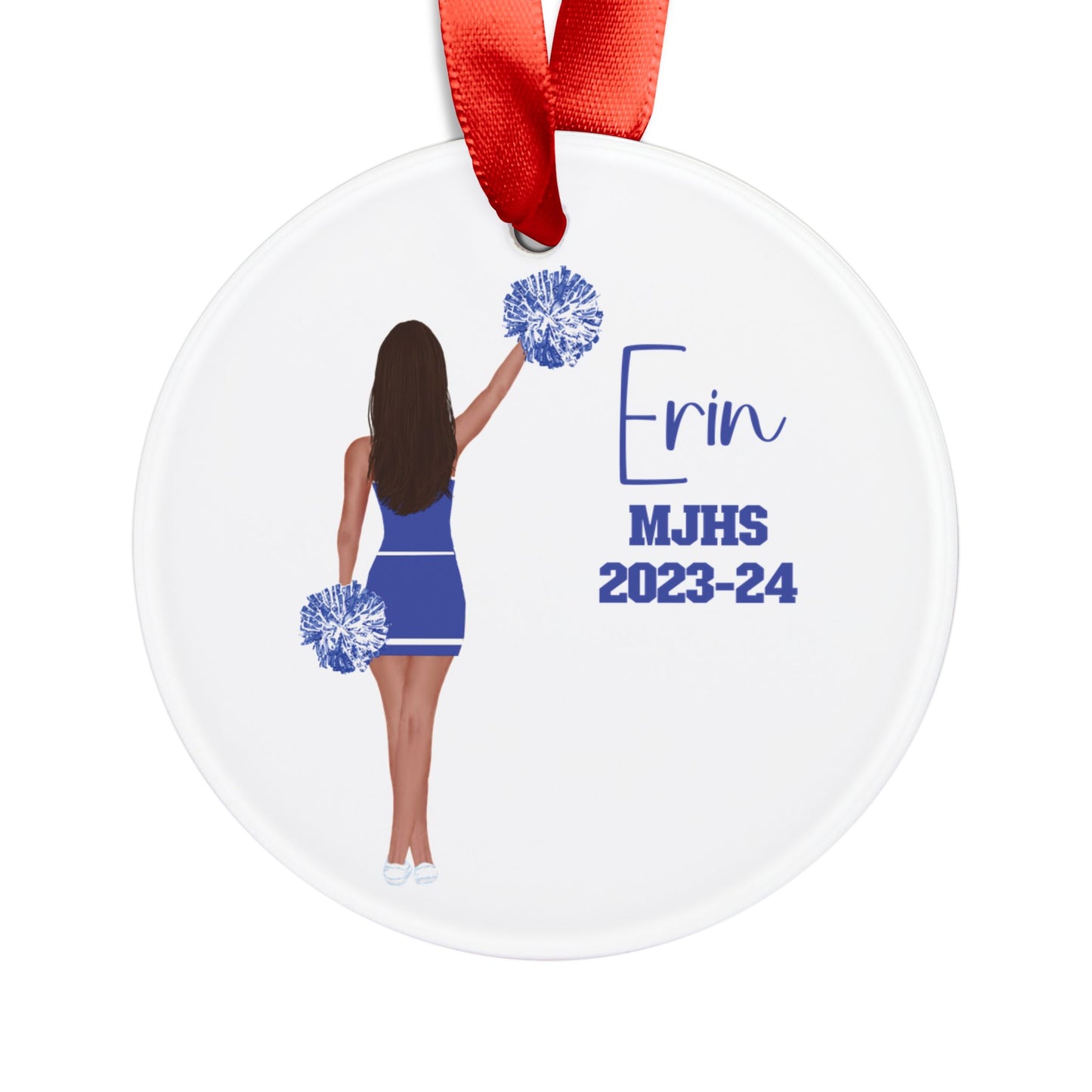 Customized Cheerleader Two Sided Printed Acrylic Ornament with Ribbon. Change hair, text, colors! Great keepsake for cheer teams!