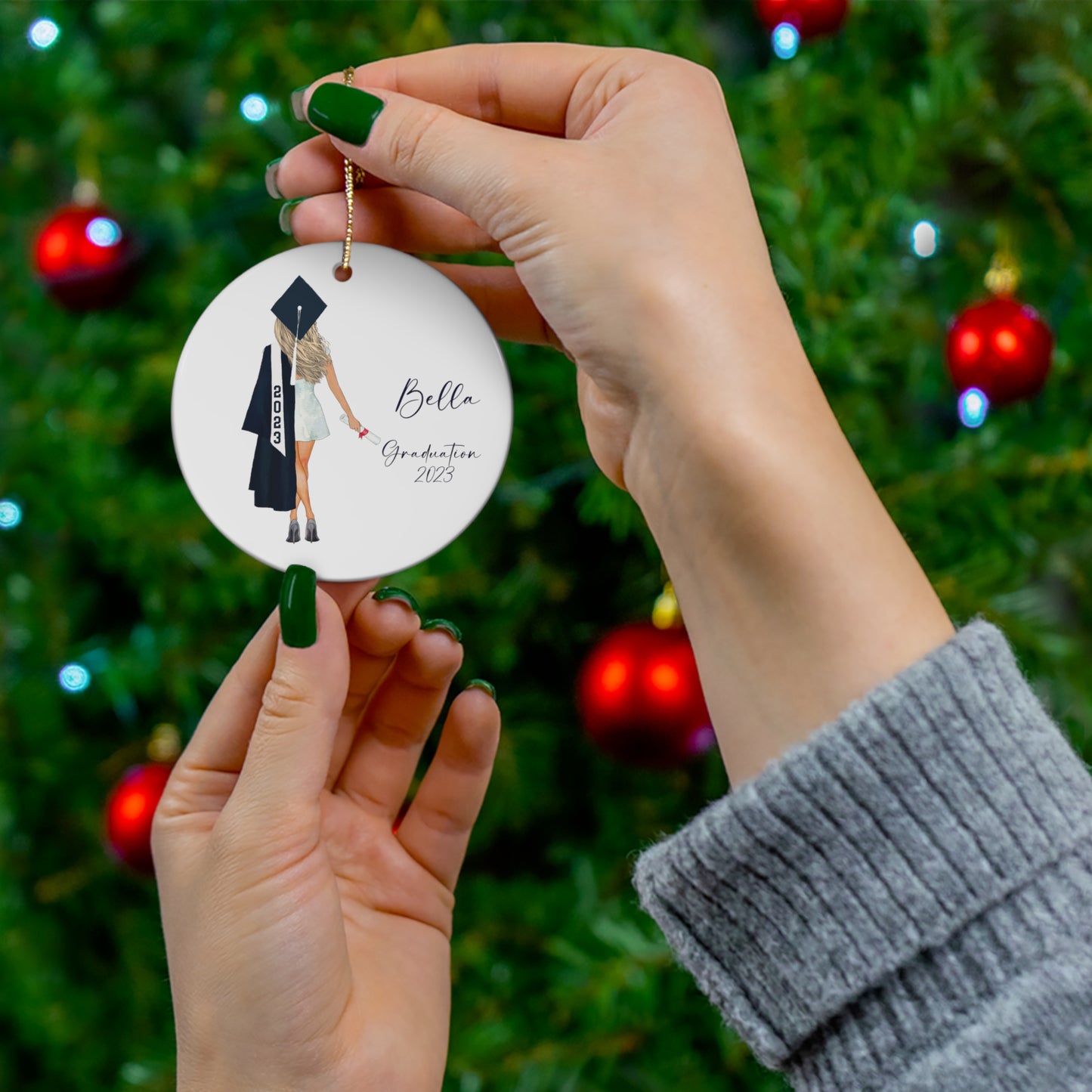 College or High School Customized Girl Ornament Personalized Gift. Change Hair, skin, text!
