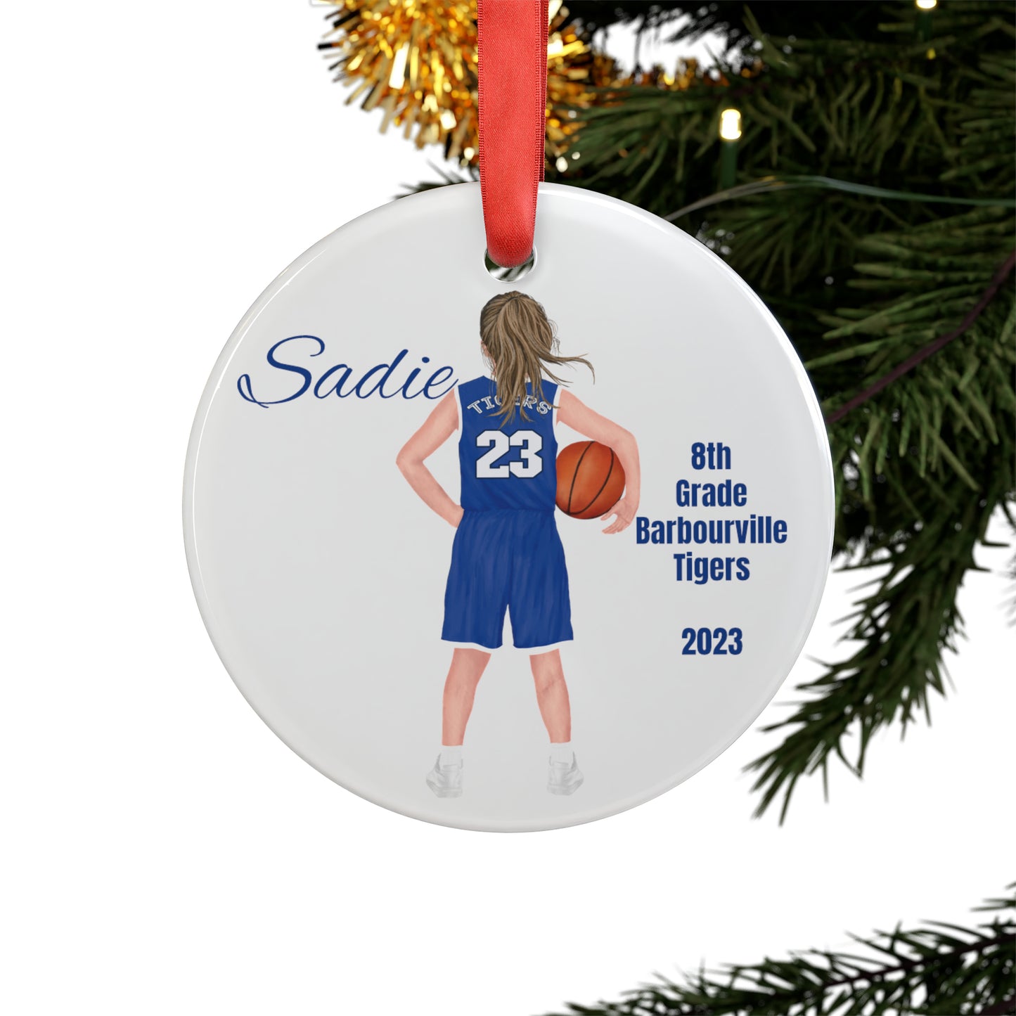 Customized Basketball Memory Acrylic Ornament with Ribbon. Girls or Boys Choose color of hair, uniform color and text. All ages of girls to college!