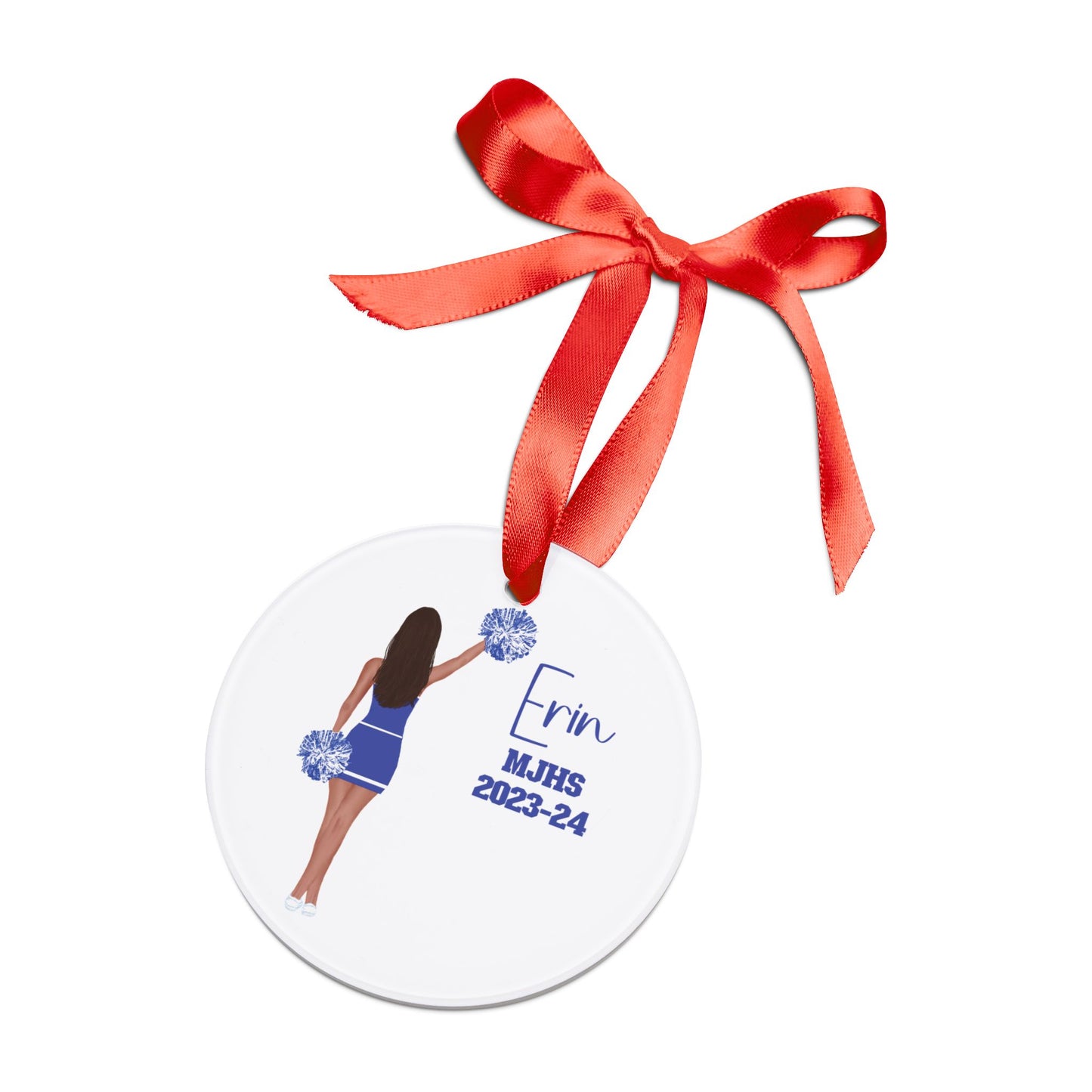 Customized Cheerleader Two Sided Printed Acrylic Ornament with Ribbon.  Change hair, text, colors!  Great keepsake for cheer teams!