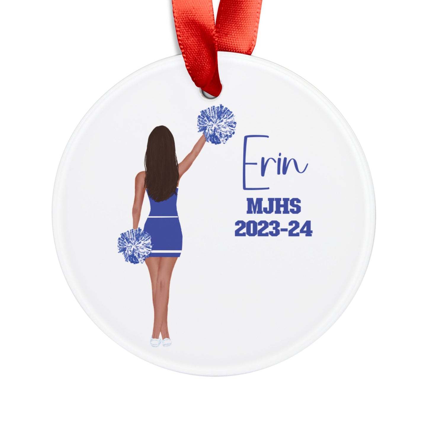 Customized Cheerleader Two Sided Printed Acrylic Ornament with Ribbon.  Change hair, text, colors!  Great keepsake for cheer teams!