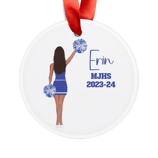 Customized Cheerleader Two Sided Printed Acrylic Ornament with Ribbon.  Change hair, text, colors!  Great keepsake for cheer teams!